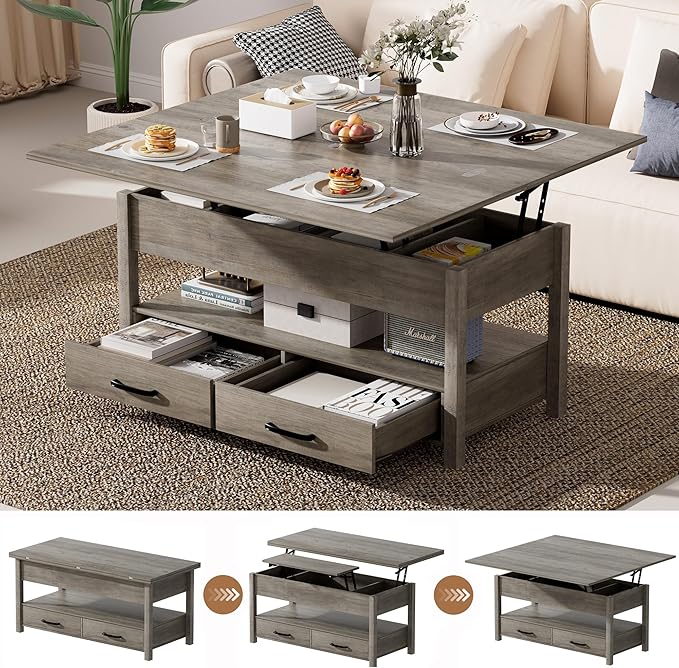 42'' Lift Top Coffee Table, 4-in-1 Multifunctional Lift Coffee Table with Storage & Hidden Compartments, Farmhouse Coffe Table with Lifting top for Living Room, Dining Reception Room, Grey