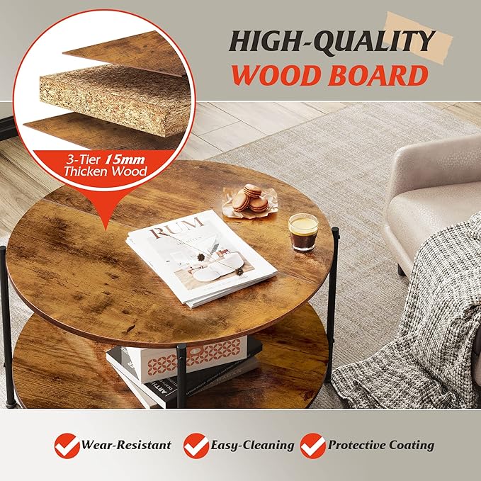 WLIVE Round Coffee Table, 32.6" Small Coffee Table with Storage Shelf, 2-Tier Circle Wood Center Table for Living Room, Apartment, Rustic Brown