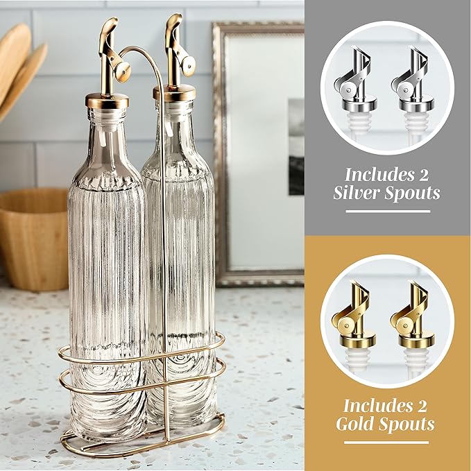 COOK WITH COLOR Glass Olive Oil Bottle Dispenser - 2 Pack- 17oz Oil and Vinegar Cruet - Olive Oil Carafe Decanter for Kitchen, Elegant Fluted, Brown