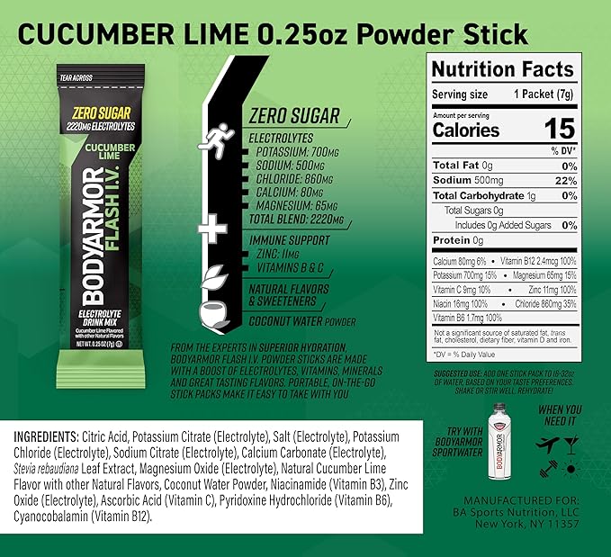 BODYARMOR Flash IV Electrolyte Packets, Cucumber Lime - Zero Sugar Drink Mix, Single Serve Packs, Coconut Water Powder (6 Count) (Pack of 2)