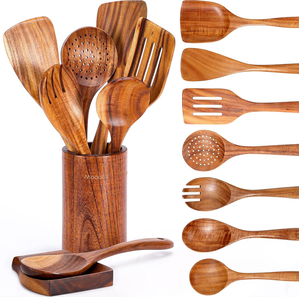 9‑Piece Natural Teak Wooden Kitchen Utensil Set with Spoon Rest and Holder