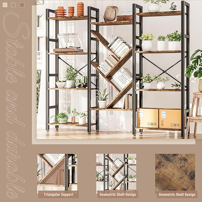 INNOD Triple 4 Tier Book Shelf, Large Industrial Bookcase with Storage Cabinet, Tall Bookshelf with Open Display Shelves Furniture for Living Room Bedroom Home Office Rustic Brown