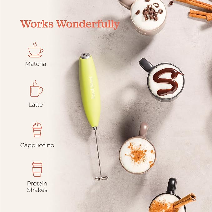 Powerful Handheld Milk Frother, Mini Milk Foamer, Battery Operated Stainless Steel Drink Mixer with Frother Stand