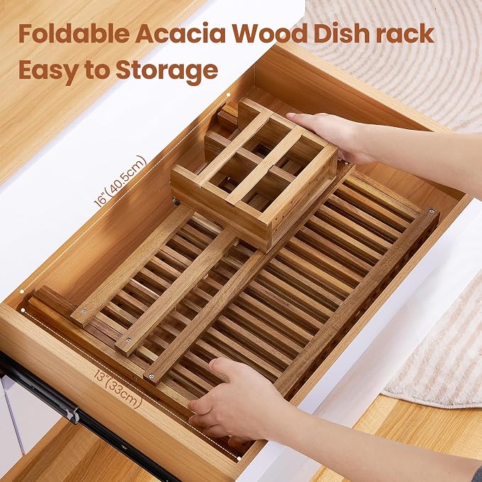 NOVAYEAH Acacia Wooden Dish Drying Rack for Kitchen Counter 2-Tier Collapsible Bmaboo Dish Drying Rack with Utensil Holder-Large Folding Dish Drainer Rack with Flatware Holder 34 pcs Grid