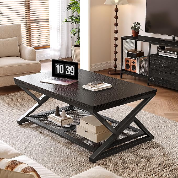 EnHomee Black Coffee Table with Storage, Modern Coffee Tables with Mesh Shelf, 2 Tier Minimalist Industrial Center Table for Living Room, Office, 39.4 Inch, Black Oak