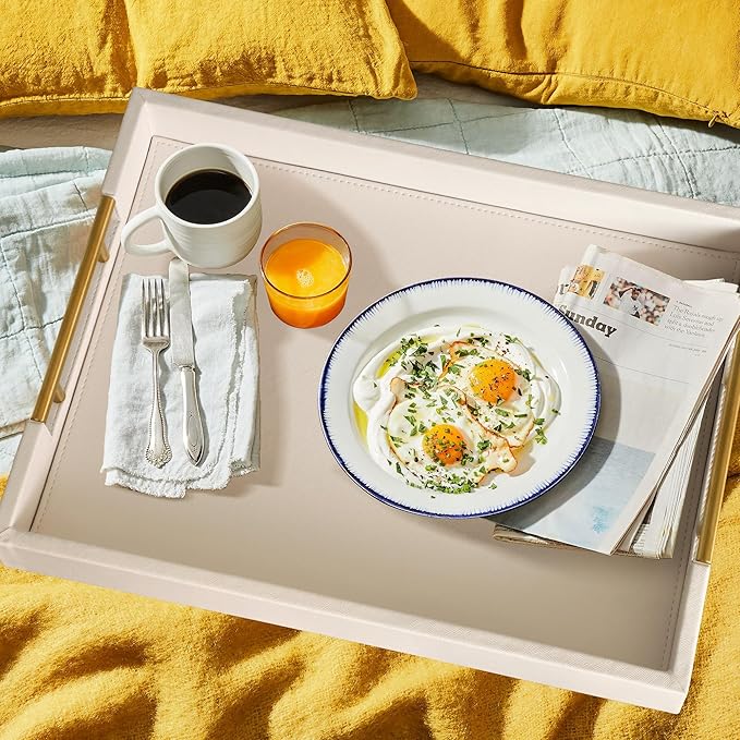 HofferRuffer Faux Leather Serving Tray with Gold Metal Handles, Stylish Decorative Tray Organizer for Coffee Table, Ottoman, Home Decor and Serving (CreamWhite, 16.2" x 12.2" x 2")