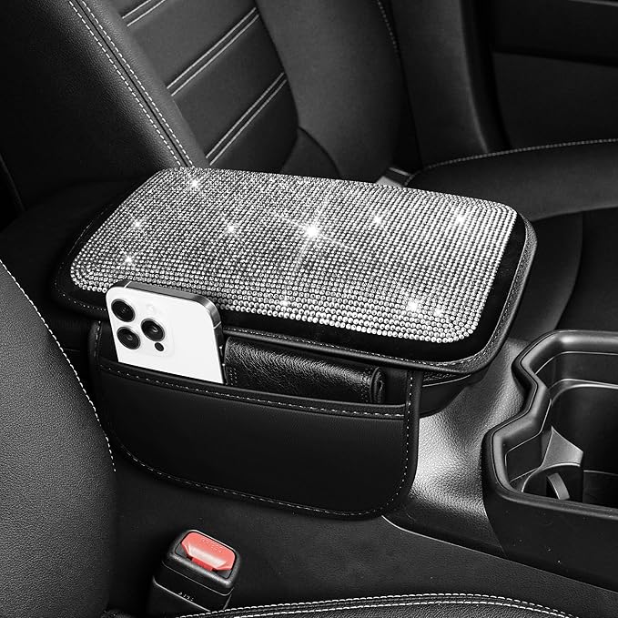 Bling Diamond Car Center Console Cover Custom Fit for Subaru Forester Leather Car Armrest Cover Cushion with 2 Storage Pockets