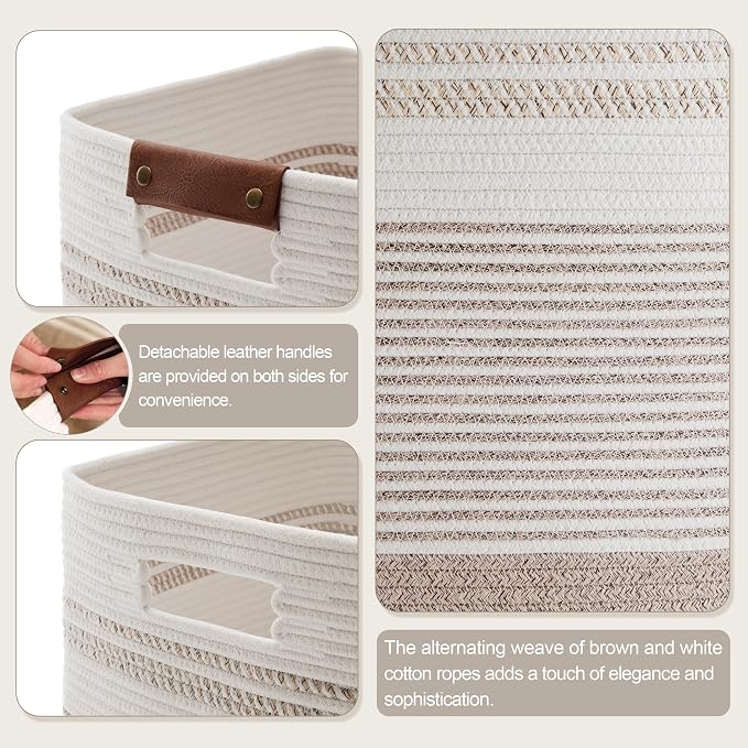 75L Tall Laundry Hamper with Handles for Living Room Storage, Large Woven Rope Baskets Bin for Blanket, Kids Toy, Gifts, Wicker Hamper for Bedroom Dirty Clothes, 16"x13"x22" White Grey