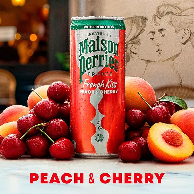 Maison Perrier French Kiss Sweetened Sparkling Juice Beverage, Peach & Cherry Flavors With Real Fruit Juices, 24Pk