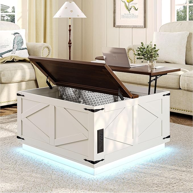 Farmhouse Lift Top Coffee Table, Square Wood Center Table with LED Lighting, USB-C Charging Station, and Hidden Storage Compartment - Rustic White & Oak Living Room Furniture