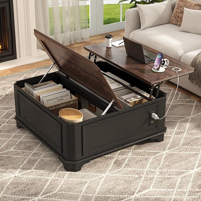 40 Inch Farmhouse Lift Top Coffee Table with Charging Station & Hidden Storage - Square Center Table with Adjustable Lifting Top, Large Storage Cabinet for Living Room, Bedroom, Home Office, Black
