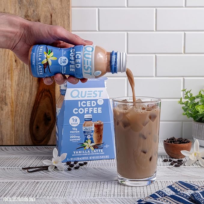Quest Nutrition Iced Coffee, Vanilla Latte, 1g of Sugar, 10g of Protein, 90 calories, 200mg of caffeine, 4 Count