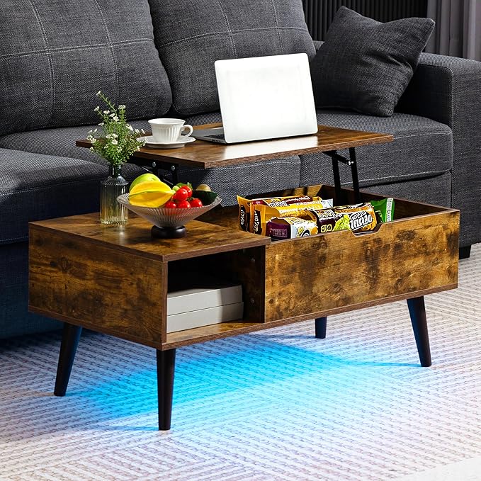 Finnhomy Lift Top Coffee Table with USB Type-C Charging Station, LED Lights and Power Outlet, 3-in-1 Multifunctional Table with Hidden Compartment and Large Storage, for Living Room Home Office, Brown