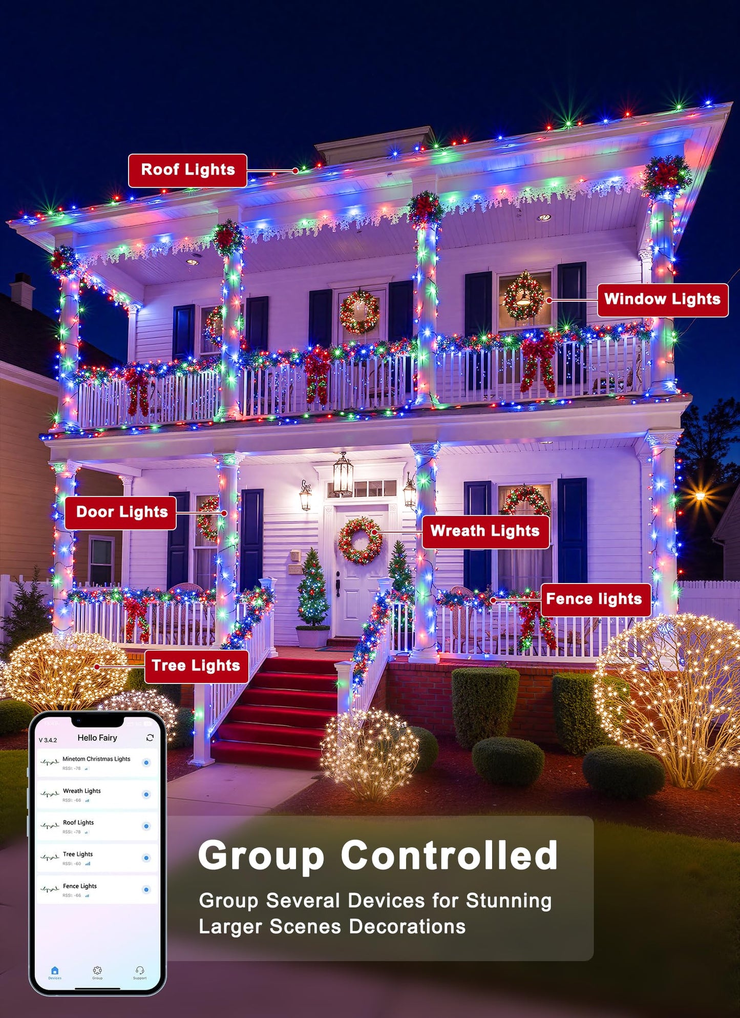 Minetom LED Color Changing Smart Christmas Tree Lights, 66ft, 200 LEDs, Remote & Timer, Adjustable Colors