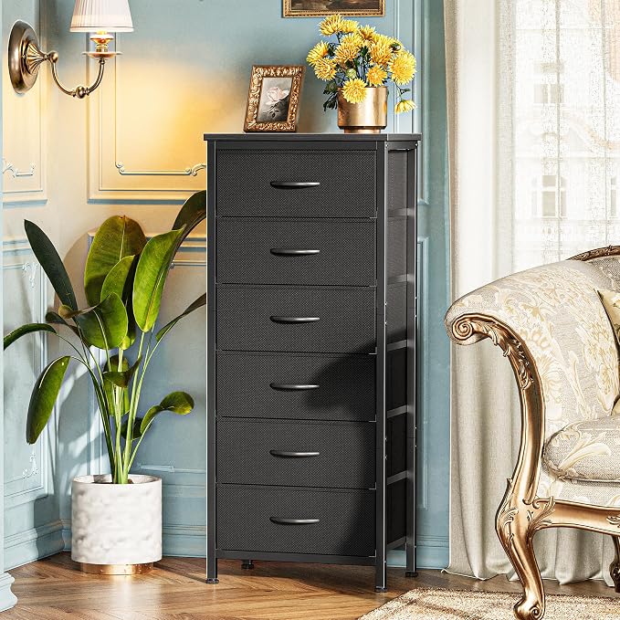 Huuger Tall Dresser for Bedroom, Stable 6 Drawer Dresser with Anti-Tip Device, PU Leather & Fabric Drawers, Tall Nightstand for Closet, Nursery, Storage Tower for College Dorm High Beds, Black