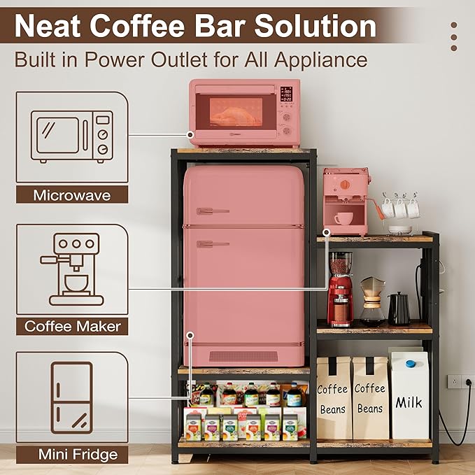 Mini Fridge Stand Coffee Bar Cabinet Station With Small Refrigerator Insert Storage Space, Shelf Organizer For Dorm Microwave To Sit On, Baker Rack With Power Outlet, Big Table To Go Over Hide Fridge
