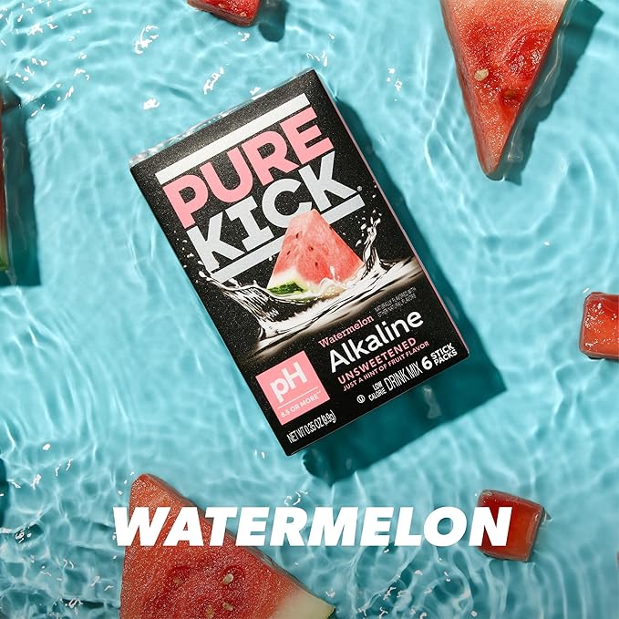 Pure Kick Alkaline pH 8.5 or Higher Watermelon Powdered Drink Mix Packets, Unsweetened with a Hint of Flavor -, 72 Total Packets (12 Boxes, 6 Each), Singles to Go!