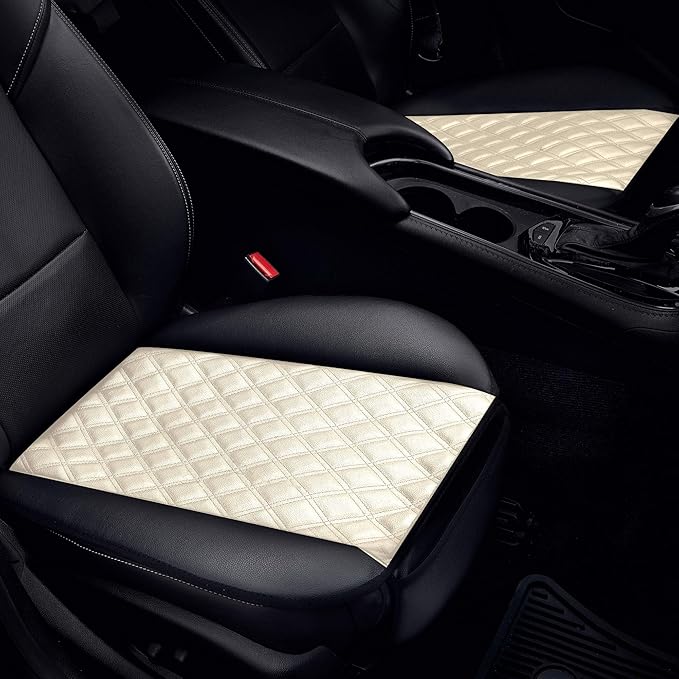 FH Group Faux Leather Front Set Car Seat Cushion Pads with Front Pocket – Universal Fit for Cars Trucks & SUVs (Beige/Black)