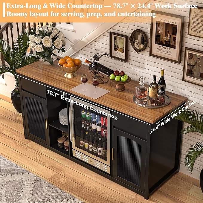 GDLF Extra Long Bar Cabinet with Fridge Space, Modern Wine Liquor Cabinet with Storage and Power Outlet, Buffet Sideboard with Fluted Doors for Home, 78.7 Inch, Black