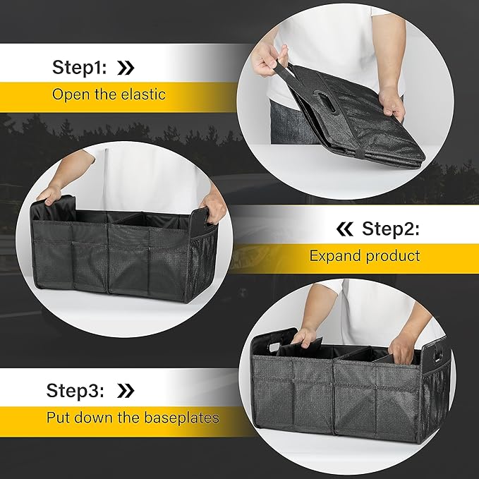 YSSOA Car Trunk Organizer, Collapsible 2 Compartment Non Slip Bottom, Waterproof Car Storage Box, 600D Oxford Polyester Sturdy Accessories for SUV, Mini-Van, 50L, Black