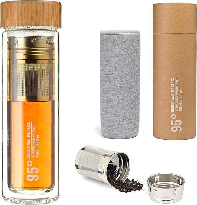95° Double-Wall Glass Tea Bottle with Removable Stainless Steel Infuser - BPA and BPS Free, Insulated and Leakproof Travel Tumbler for Loose Leaf Tea, Coffee, Fruit - Eco-Friendly (15oz/450ml)