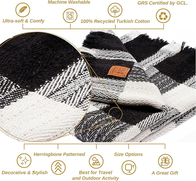 Gold CASE Throw Blanket for Couch – 100% Recycled Cotton – Vintage Throw Blankets for Living Room, Bed, & Outdoor – Decorative Boho Blankets & Throws – Soft Couch Drape – Buffalo Black Set (50”x60”)