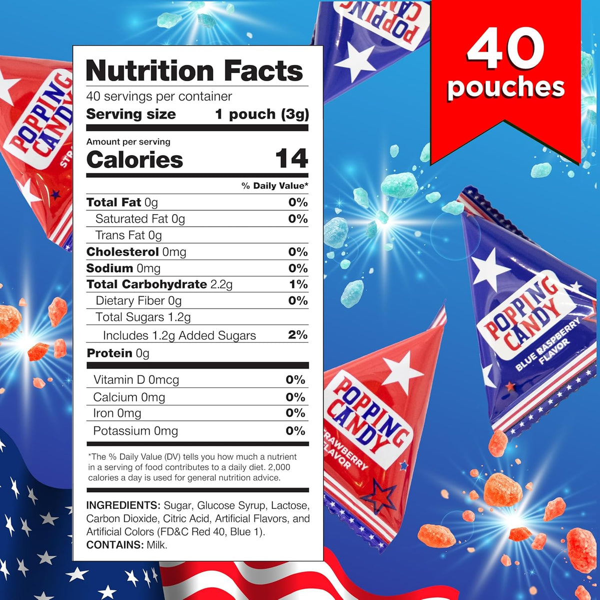 Patriotic Candy - 40 Count Pack - Popping Rocks Pouches - 4th of July Candy - Strawberry and Blue Raspberry Flavors - Individually Wrapped Party Favors by PartyWorks