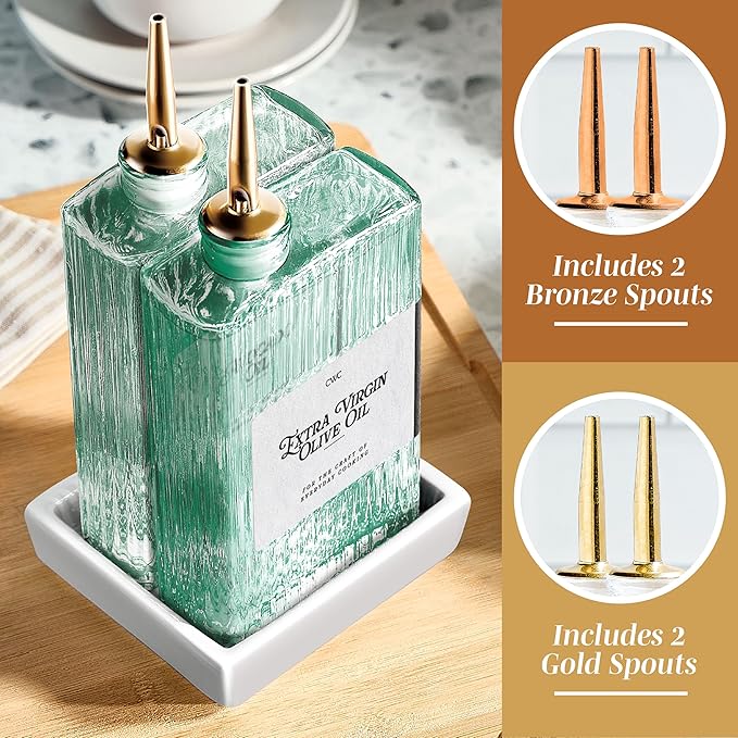 COOK WITH COLOR Olive Oil Dispenser Bottle - 2 Pk Glass Oil Dispenser for Kitchen - Condiment, Coffee Syrup & Vinegar Dispenser, Olive Oil Cruet, Includes 4 Auto Pourer Spouts