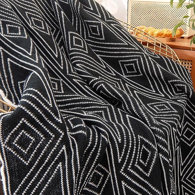 Black and White Throw Blankets, Knitted Modern Patterned Throw Blanket, Soft Lightweight Woven Throw Blanket for Sofa Couch Bed and Living Room, Black&White (50x60 Inch)