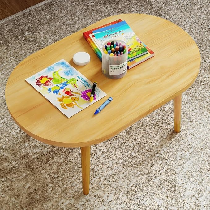 Oval Coffee Table Low Table with 4 Solid Wood Sturdy Legs,Floor Table Desk for Sitting on The Floor,19.7"D x 31.5"W x 16"H Inches,Living Room/Toy room Furniture,Rental house Furniture (Natural-Oval)