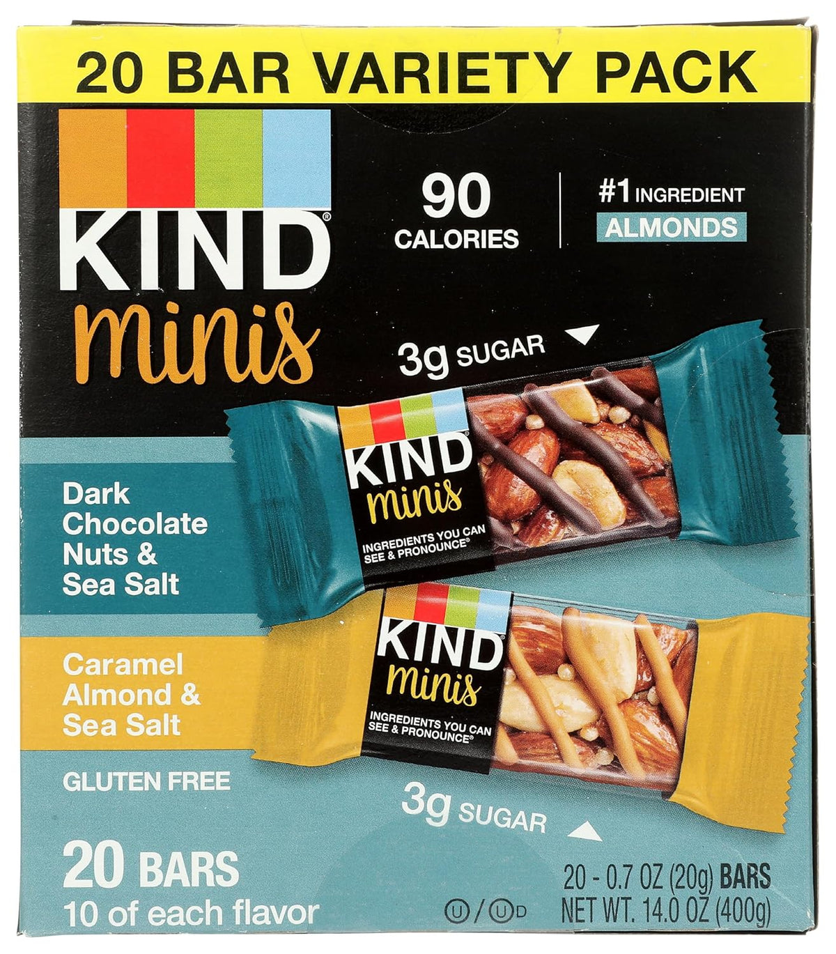 KIND Minis Snack Bars, Dark Chocolate, Caramel, Nuts & Sea Salt, Gluten Free, 20 Count, 0.7 OZ, Variety Pack