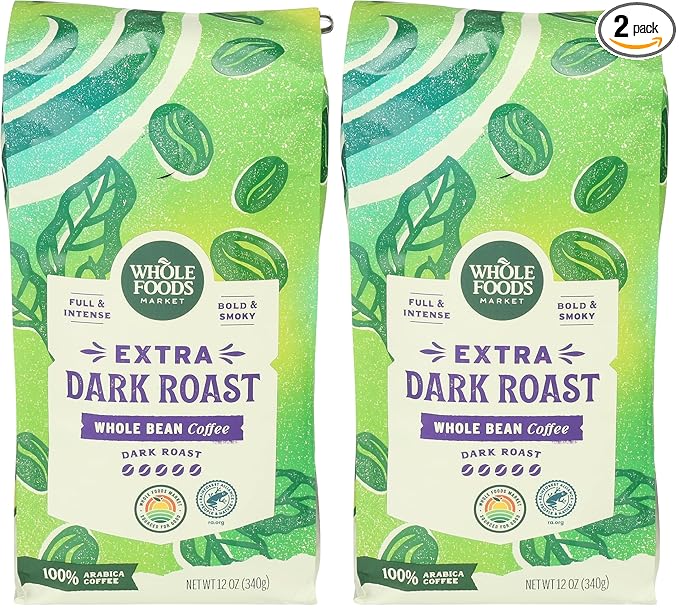 WHOLE FOODS MARKET Whole Bean Dark Roast Coffee, 12 OZ (Pack of 2)