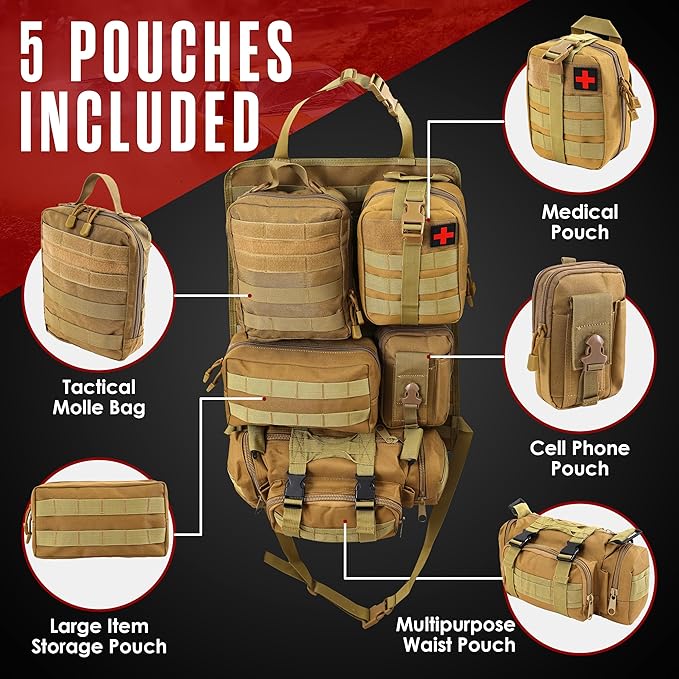 Houseables Tactical Seat Back Organizer, Molle Seat Back Organizer, Tactical Truck Accessories, Vehicle Molle Panel, Automotive Storage Accessories, Backseat, Seatback Kit, 5 Pouches, 22" x 14.5"