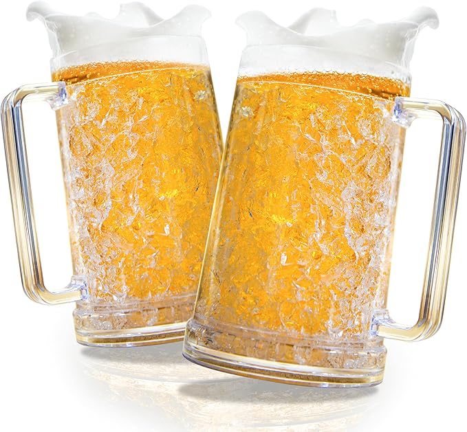 Frozen Beer Mugs (Set of 2), 16oz Double Wall Gel Freezer Cups with Handle, Acrylic Frosty Ice Stein for Cold Drinks, Break-Resistant Insulated Beer Mug for Dad, Men, Pool Parties & BBQ