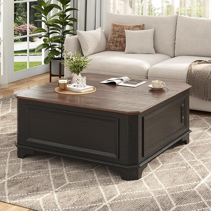 40 Inch Farmhouse Lift Top Coffee Table with Charging Station & Hidden Storage - Square Center Table with Adjustable Lifting Top, Large Storage Cabinet for Living Room, Bedroom, Home Office, Black