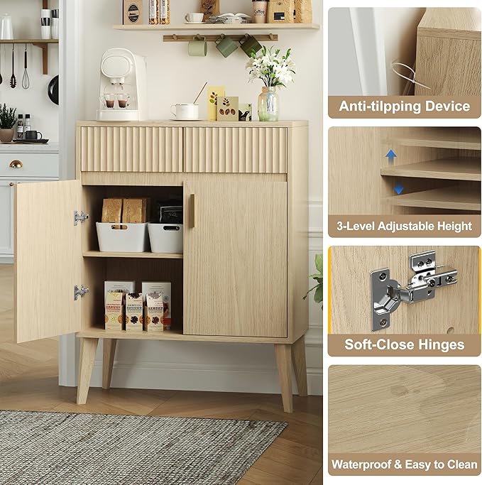 Sideboard Storage Cabinet with 2 Drawers & 2 Doors, Fluted Kitchen Buffet Cabinet with Adjustable Shelves, Coffee Bar Station for Living Room, Entryway, 13.8 x 27.6 x 35.6 in., Natural Wood