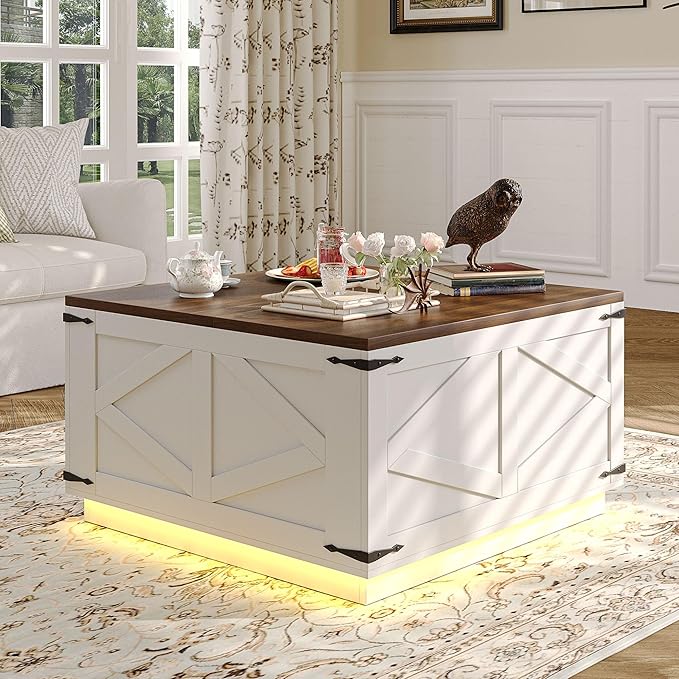 Farmhouse Lift Top Coffee Table, Square Wood Center Table with LED Lighting, USB-C Charging Station, and Hidden Storage Compartment - Rustic White & Oak Living Room Furniture