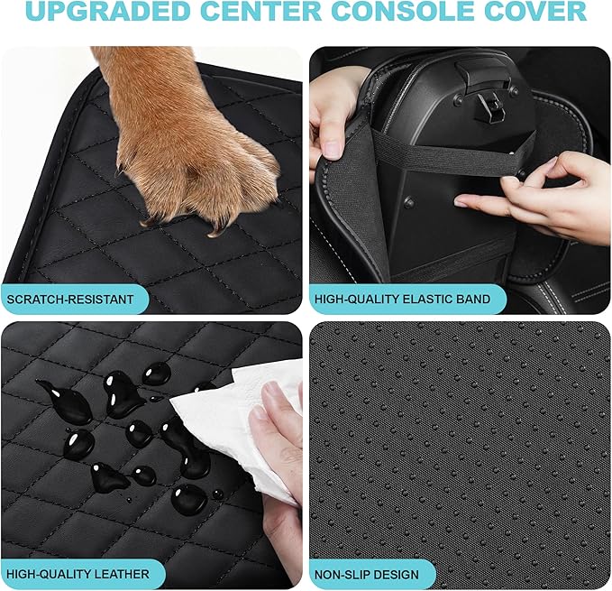 Center Console Cover Fit for Kia Forte 2010-2024 with 2 Storage Bags Waterproof Leather Quilted Pattern Car Armrest Cover Cushion Anti - Slip(Black)