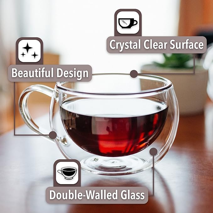 BTaT- Double Walled Glass Coffee Mugs, 9 oz, Set of 4, Glass Coffee Cups with Handle, Insulated Clear Coffee Mug for Hot and Cold Beverages, Cappuccino, Latte, Tea, Americano, Microwave Safe