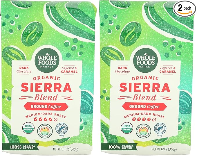 WHOLE FOODS MARKET Organic Ground Sierra Blend Coffee, 12 OZ (Pack of 2)