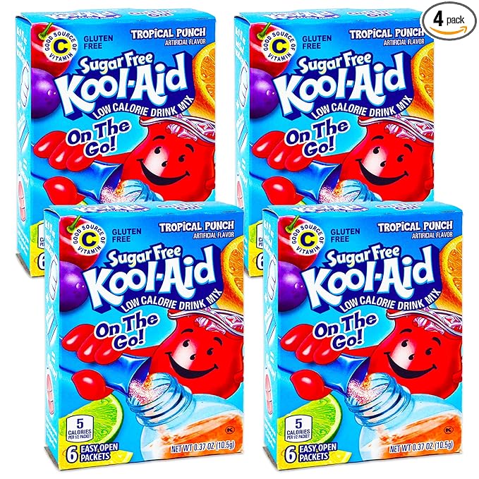 Kool-Aid Sugar Free Low Calorie Drink Mix 6 easy open packets (Pack of 4) Gluten Free (Tropical Punch)