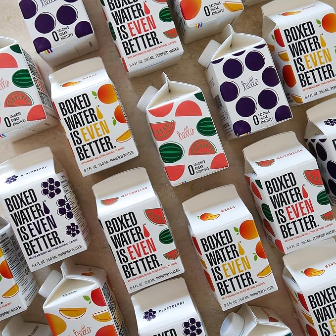 Mango Boxed Water 8.5 oz. (24 Pack) – Better Than Premium Plastic, BPA-Free, Refillable Cartons, Sustainable Alternative, Mini Carton for Kids, Lunchbox Ready