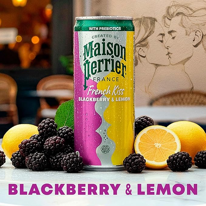 Maison Perrier French Kiss Sweetened Sparkling Juice Beverage, Blackberry & Lemon Flavors With Real Fruit Juices, 24Pk
