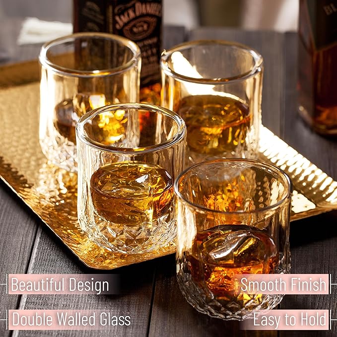 BTaT- Double Walled Drinking Glass, 4 Pack, 7 oz, Stylish Insulated Rocks Glass for Hot and Cold Beverages, Whiskey, Bourbon, Vodka and Scotch
