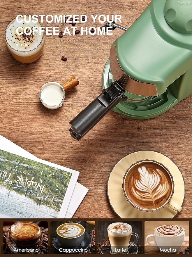 Espresso Machine, 3.5Bar Espresso and Cappuccino Machine with Preheating Function, 4 Cup Coffee Maker with Milk Frothing Function and Steam Wand (Green), CM6810