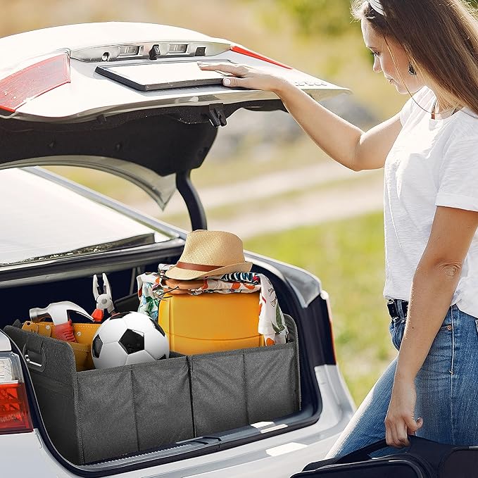 YSSOA Car Trunk Organizer, Collapsible 2 Compartment Non Slip Bottom, Waterproof Car Storage Box, 600D Oxford Polyester Sturdy Accessories for SUV, Mini-Van, 50L, Black