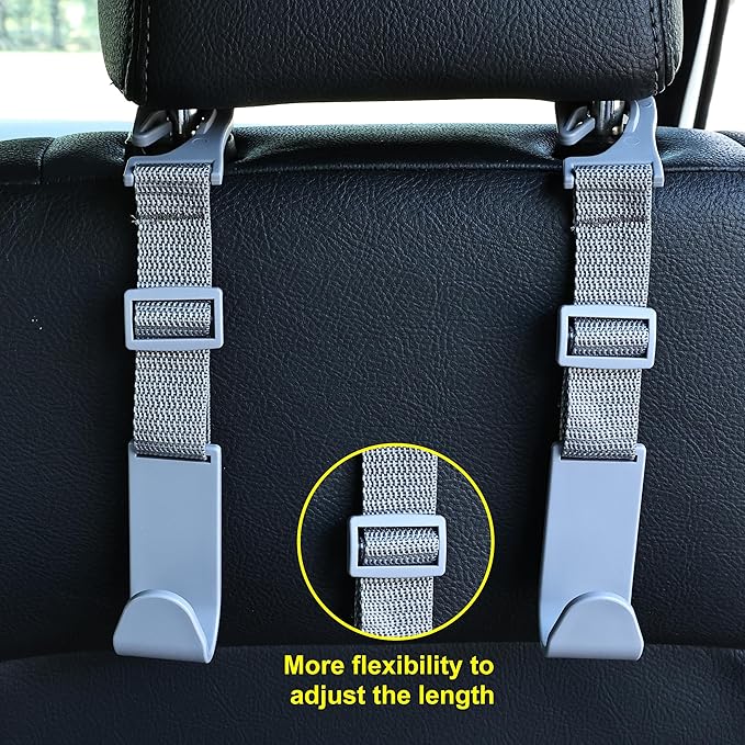 Amooca Headrest Hooks for Car Adjustable 4 Pack Vehicle Seat Back Organizer Storage Hanger Holder for Purse Bags Universal Fit Gray