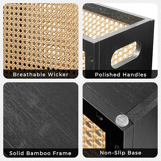 TIOPGHAD Small-Wicker-Waste-Basket-Trash-Can 3 Gallon/11.6 L Bamboo Mini Rattan Wastebasket Garbage Can Trashcan Wood Trash bin for Bathroom Office Living Room(Black&Oak)