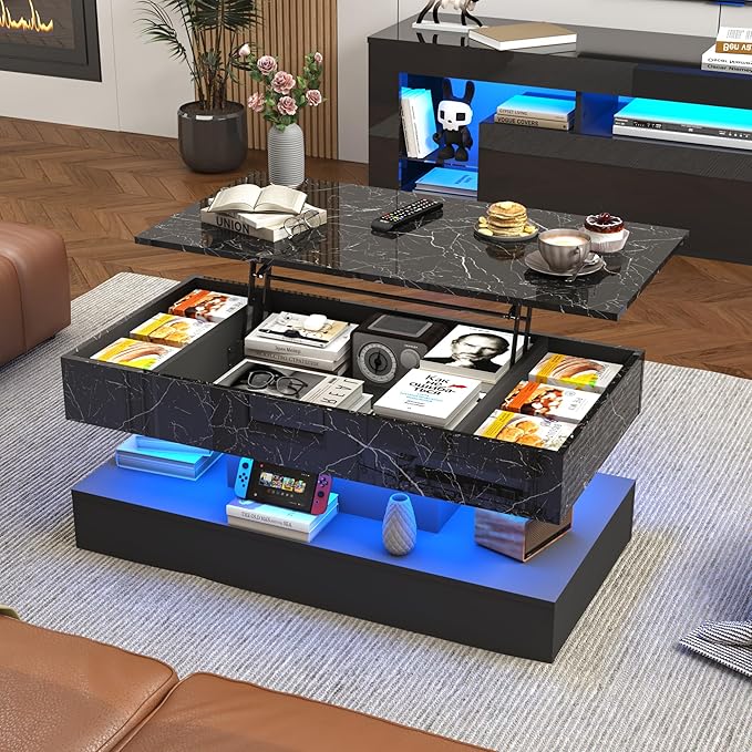 47.2" Large Lift Top Coffee Table, Modern LED High Glossy Coffee Table with Charging Station, Lights, Hidden Compartment Storage, Lift Center Tables for Living Room, Home Office, Black