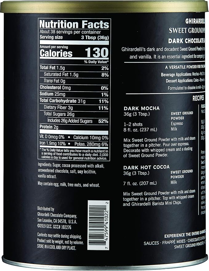 Ghirardelli Sweet Ground Dark Chocolate & Cocoa Powder, 3 Pound Can (Pack of 1) with Ghirardelli Stamped Barista Spoon